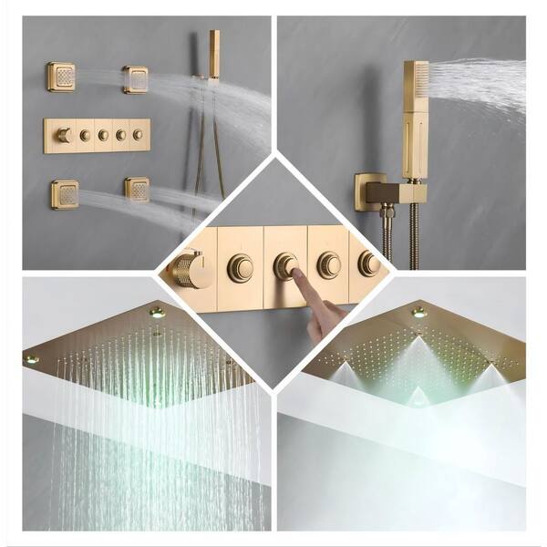 Luxury Single Handle 2-Spray Shower Faucet 1.8 GPM with 20 in. LED Rainfall Head and Body Jets in Brushed Gold