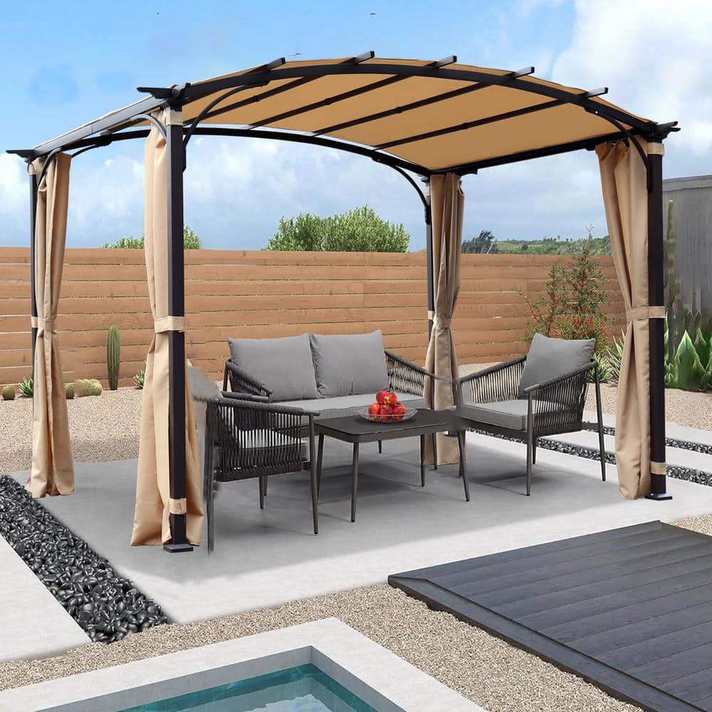 12 ft. x 9 ft. Outdoor Beige Pergola Retractable Shade Canopy Arched Gazebo