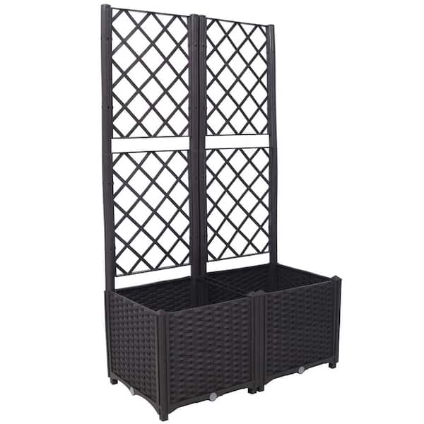 31.5 in. Plastic Rattan Brown Trellis Raised Bed with Drainage Plug, 2 Large Flower Boxes, Climbing Plants Support