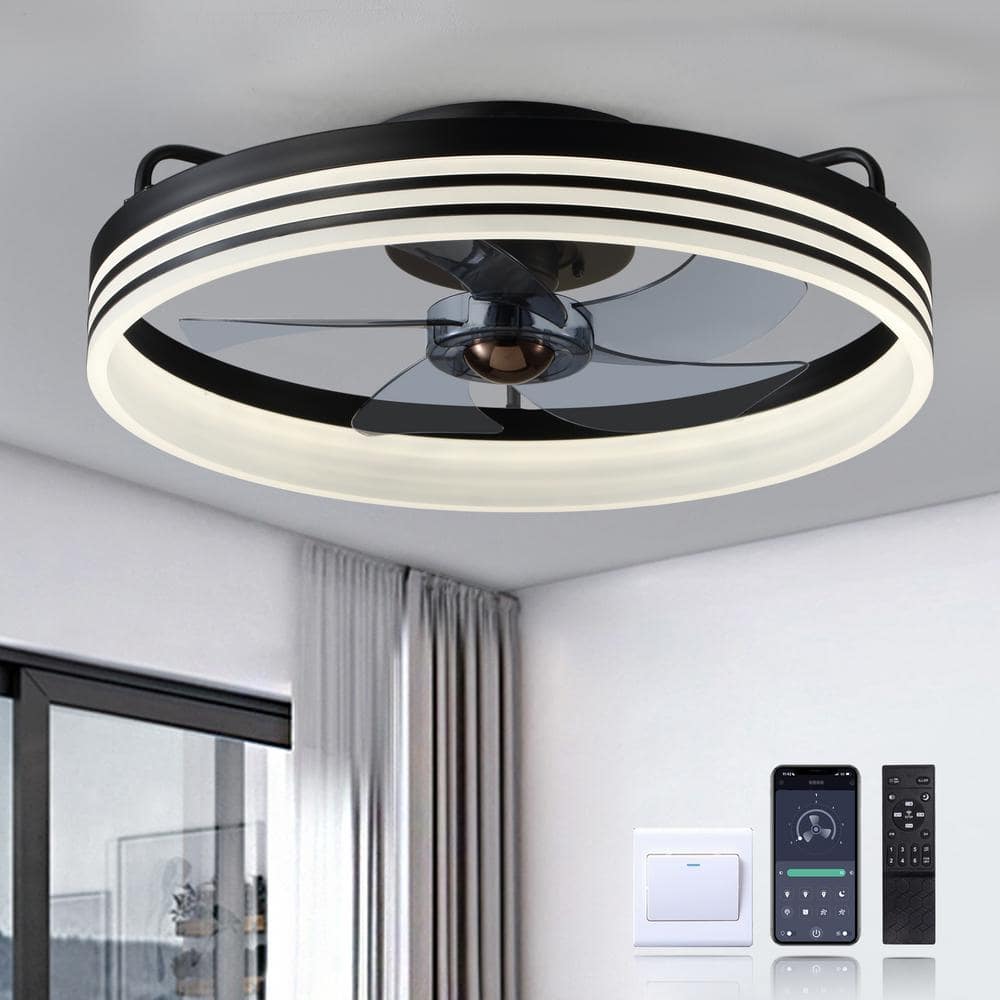 20" Black Aluminum Low Profile Ceiling Fan with Integrated LED Light and Remote