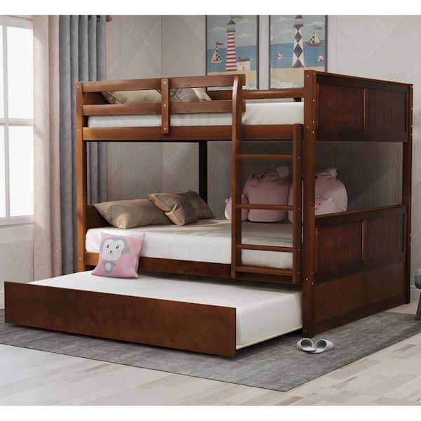Qualler Walnut Full Over Full Bunk Bed with Twin Size Trundle