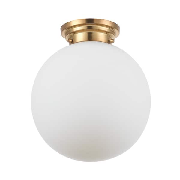 Globe Electric Portland 11.8 in. 1-Light Matte Brass Semi-Flush Mount Ceiling Light with Opal Glass Shade