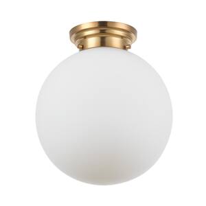Portland 11.8 in. 1-Light Matte Brass Semi-Flush Mount Ceiling Light with Opal Glass Shade