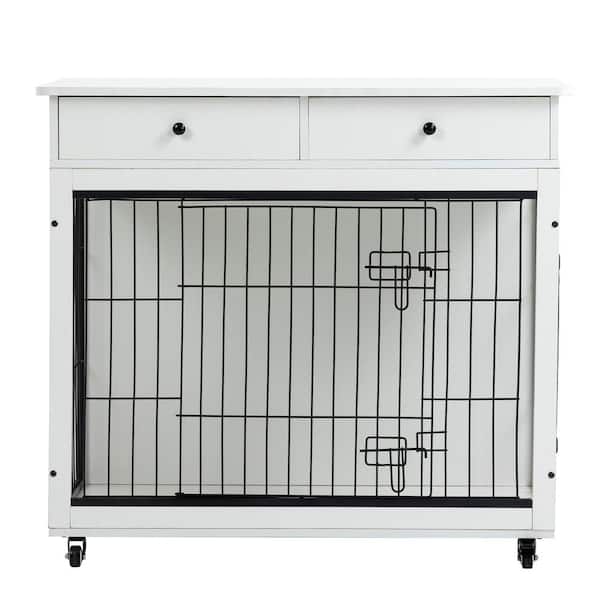 Miscool Any Furniture Style Dog Crate, Wooden Decorative Dog Kennel with Drawer, Pet Crate End Table for Small Dog in White