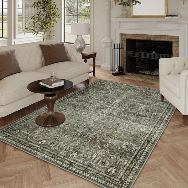 10ft. x 14ft. Green Retro Full Floral Plant Washable Area Rug