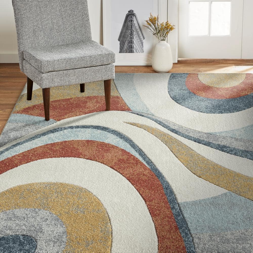Blue and Rust Abstract Swirl 5'2" x 7'2" Area Rug