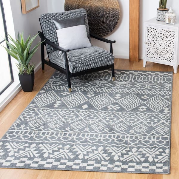 Pyramid 5 ft. x 8 ft. Ivory/Charcoal Diamond Geometric Striped Area Rug