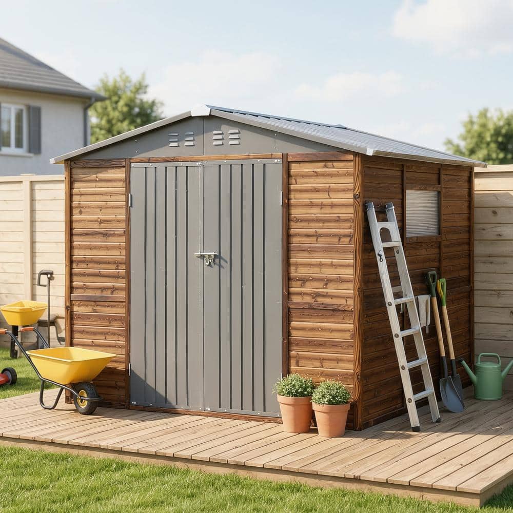 8x8 FT Wood Metal Storage Shed with Double Hinged Doors and Translucent Windows, Outdoor Garden Tool Shed price history on PriceWatchPro