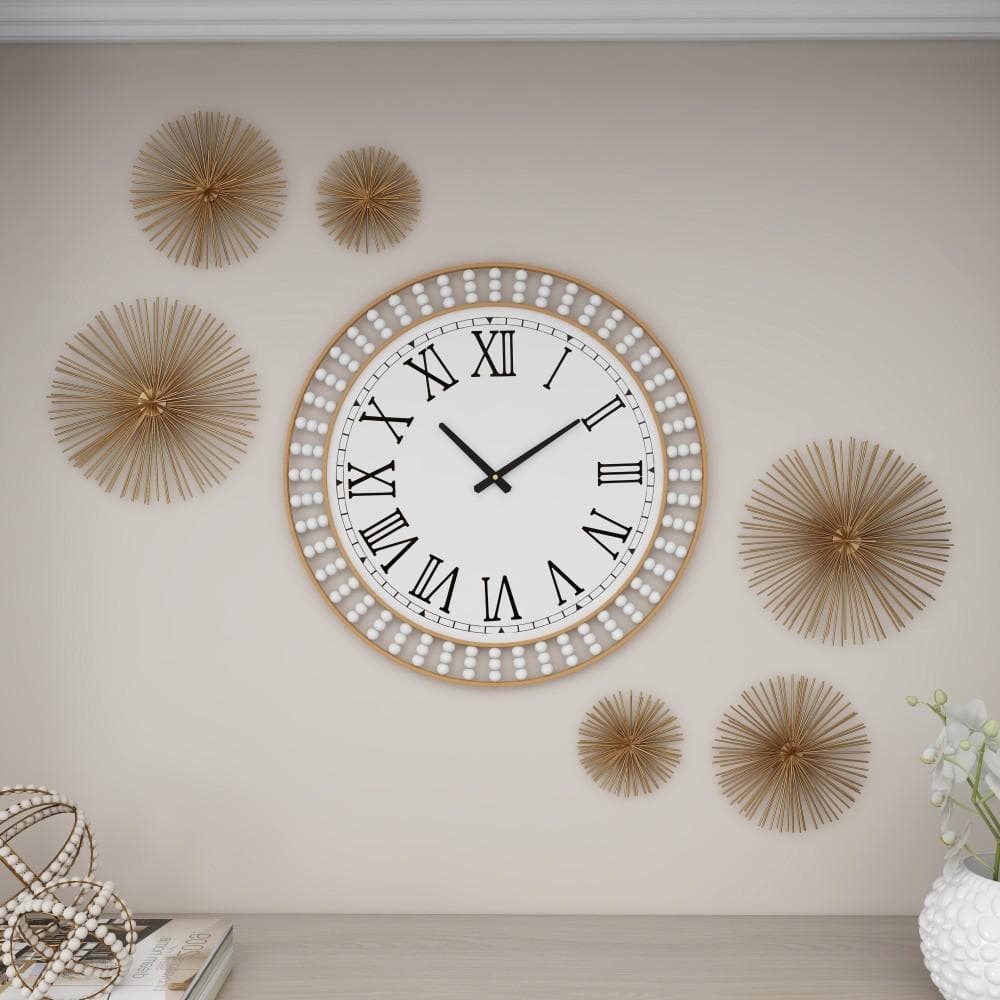 Oversized White Beaded Wall Clock with Gold Frame