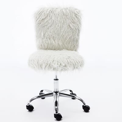 Graceful 23.6 in. White Faux Fur Upholstered 360 Swivel Office and Dresssing Chair with Back and Adjustable Height