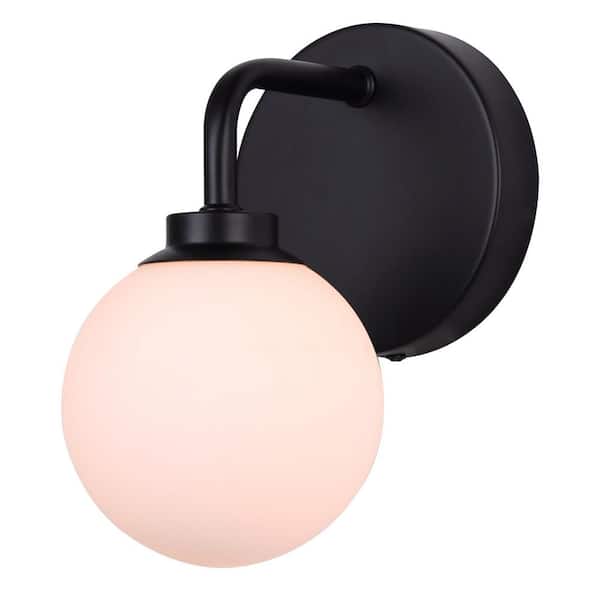 CANARM Asher 1-Light Matte Black Wall Sconce with Opal Glass Shade