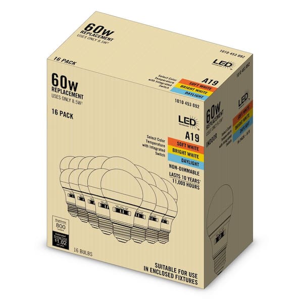 60-Watt Equivalent A19 E26 Base Non-Dimmable LED Light Bulb with Selectable Color Temperature (16-Pack)