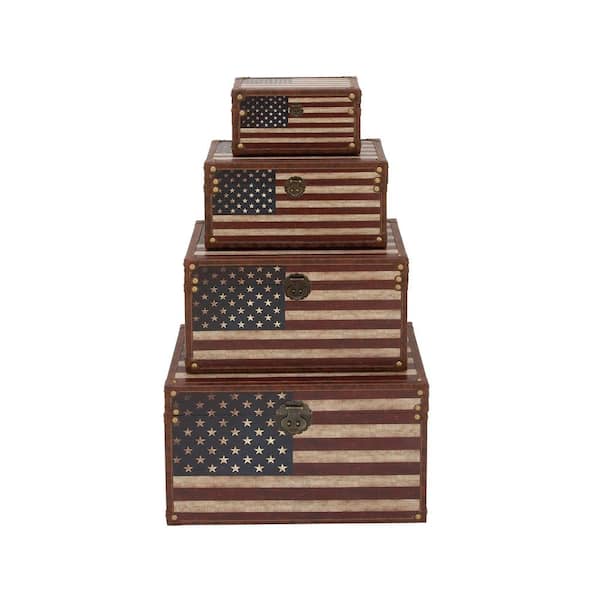 Litton Lane Rectangular Wooden American Flag Luggage Boxes with Hinged Lids (Set of 4)