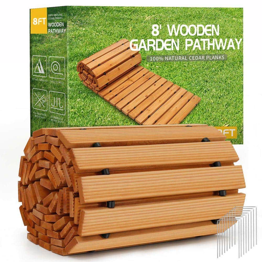 8 ft. Wooden Garden Pathway, Outdoor Roll Out Cedar Straight Walkway ...