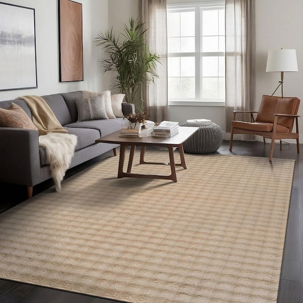 Aurora 4 ft. x 6 ft. Beige Non-Slip Rubber Back Washable Polyester Checker Indoor Area Rug