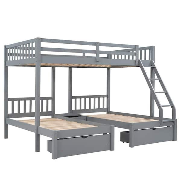 ATHMILE Gray Full Over Twin Wood Triple Bunk Bed with Drawers and ...