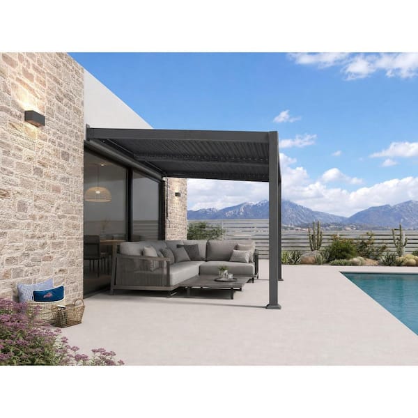 8 ft. x 12 ft. Grey Aluminum Outdoor Wall-mounted Louvered Pergola with Individual Adjustable Sunshade Roofs