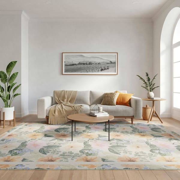 Botanical Washables 8 ft. x 10 ft.  Ivory Multicolor Floral Contemporary Area Rug