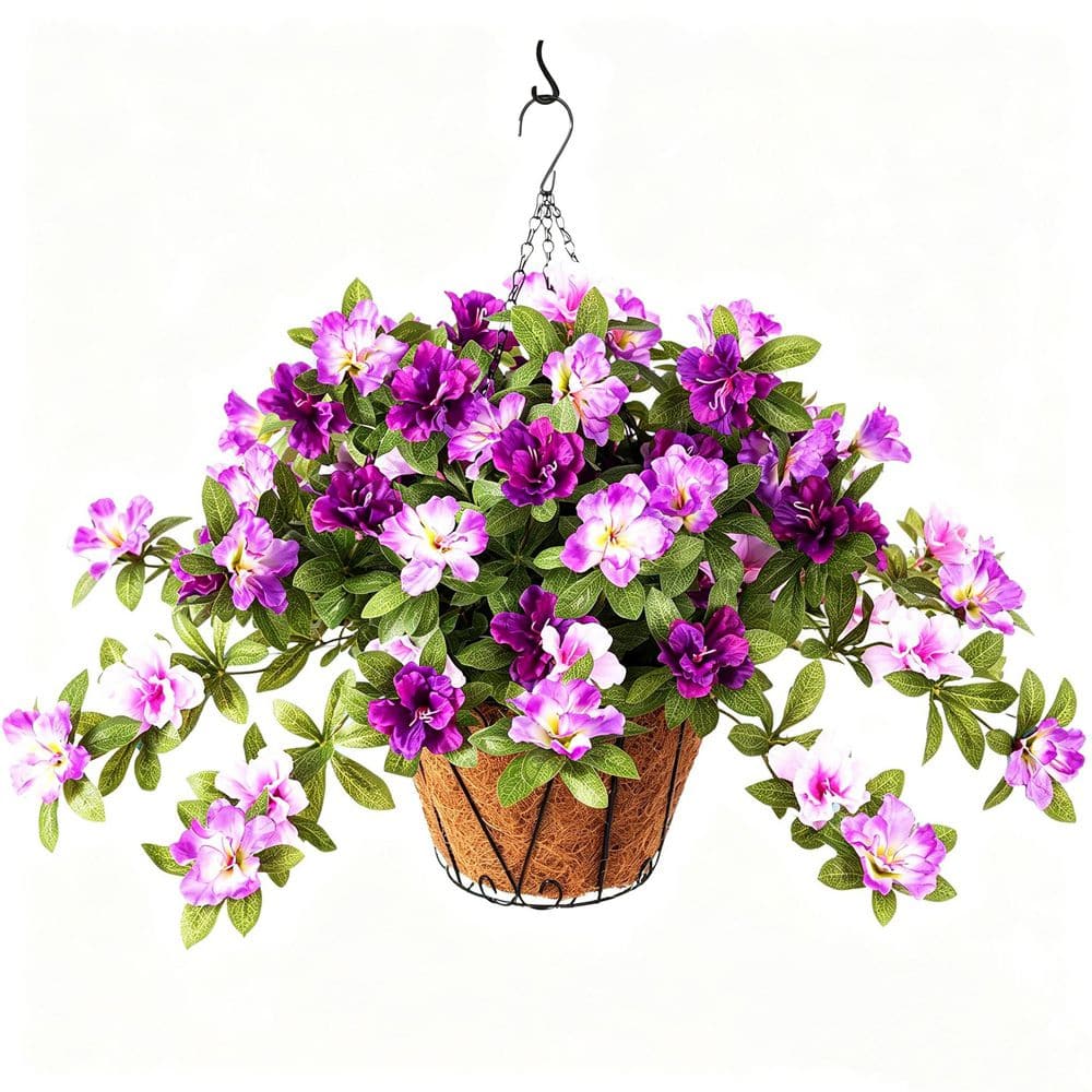 25 in. Purple Artificial Azalea Flowers Baskets for Outdoor