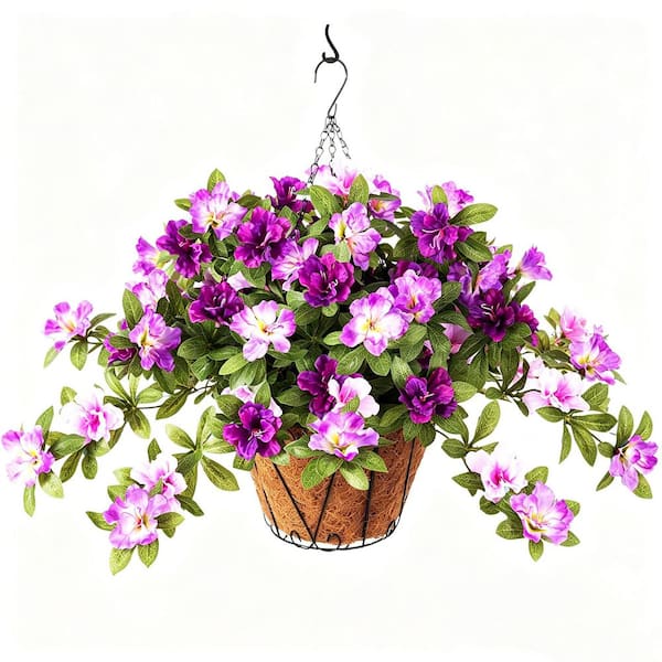 25 in. Purple Artificial Azalea Flowers Baskets for Outdoor