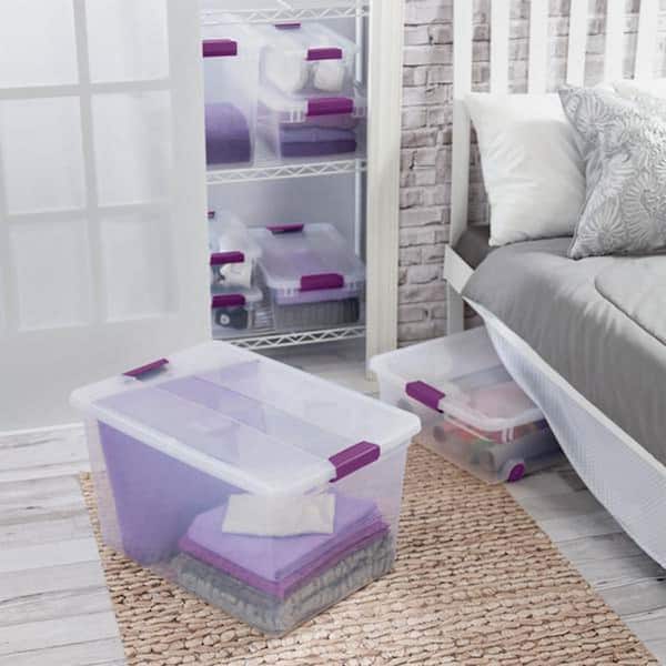 Sterilite ClearView Latch Box, Clear with Purple Latches, 66 Qt, 23.62″x  16.38″ x 13.25″ – Pack of 6 – Find Organizers That Fit