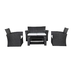 Hudson 4-Piece Black Wicker Outdoor Patio Loveseat and Armchair Conversation Set with White Cushions and Coffee Table