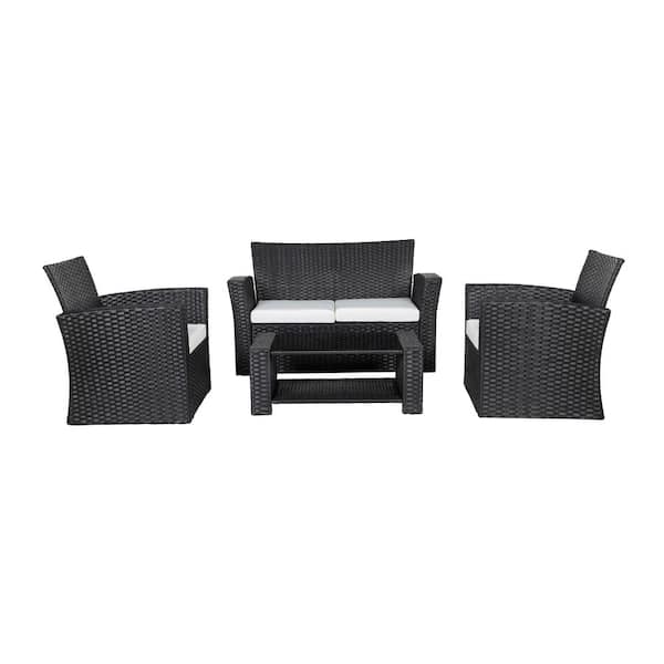 WESTIN OUTDOOR Hudson 4-Piece Black Wicker Outdoor Patio Loveseat and Armchair Conversation Set with White Cushions and Coffee Table