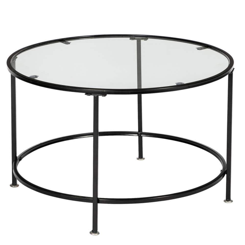 26" Round Tempered Glass Coffee Table with Black Metal Frame