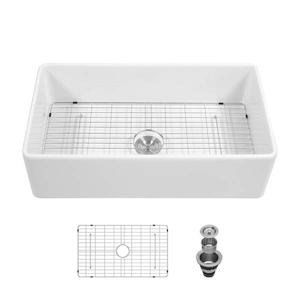 LORDEAR 33 in. W x 18 in. D Ceramic white Farmhouse Single Bowl Apron Front Kitchen Sink with Bottom Grid
