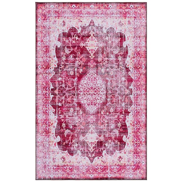 Tucson Burgundy/Pink 5 ft. x 8 ft. Machine Washable Abstract Medallion Border Area Rug