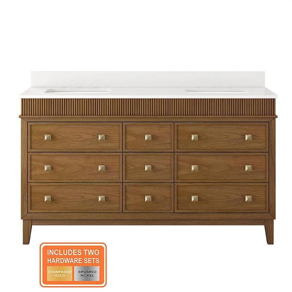 Danby 60 in. Double Sink Caramel Oak Bath Vanity with White Engineered Marble Top (Assembled)