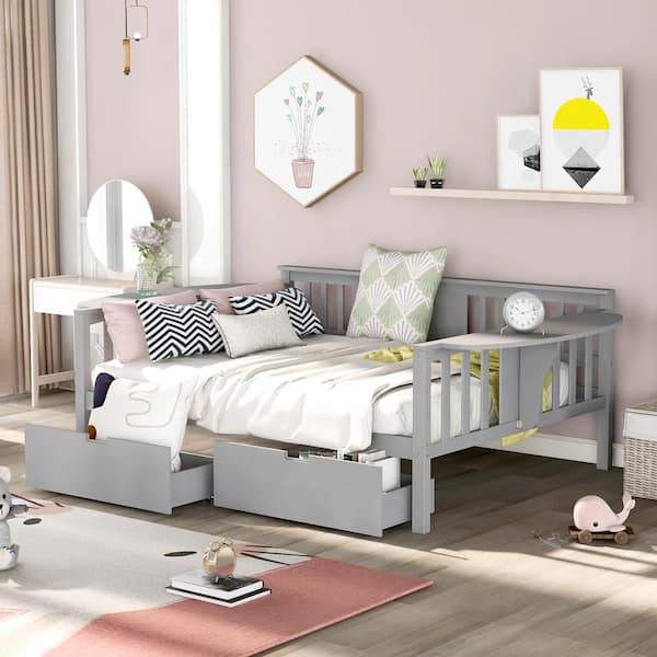 Qualler Gray Full Size Wooden Daybed with 2-Drawers