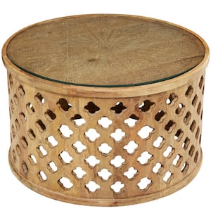 32 in. Brown Medium Round Wood Quatrefoil Design Coffee Table with Clear Glass Top