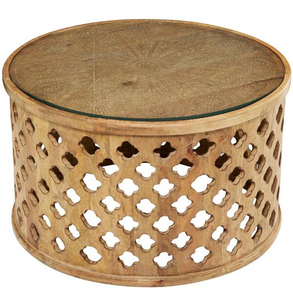 Litton Lane 32 in. Brown Medium Round Wood Quatrefoil Design Coffee Table with Clear Glass Top