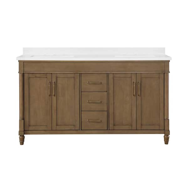 Salisbury 60 in. Double Sink Almond Latte Bath Vanity with White Engineered Marble Top (Assembled)