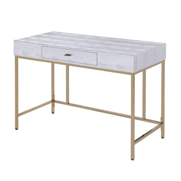 Benjara Wooden Computer Desk with 2 Drawers and Metal Frame White and Silver
