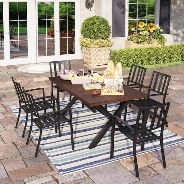 PHI VILLA Black 7-Piece Metal Outdoor Patio Dining Set with Wood-Look Rectangle Table and Modern Stackable Chairs