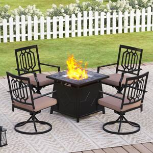 Black 5-Piece Metal Swivel Chairs Patio Fire Pit Conversation Set with Beige Cushions