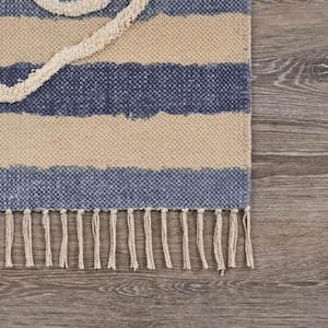 Acosta Coastal Navy Blue 2 ft. 6 in. x 3 ft. 9 in. Anchor Striped Nautical Tufted Cotton Scatter Accent Rug