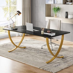 Halseey 63 in. Rectangular Black Wood Computer Desk with Gold Metal Legs, Modern Study Writing Table Conference Table