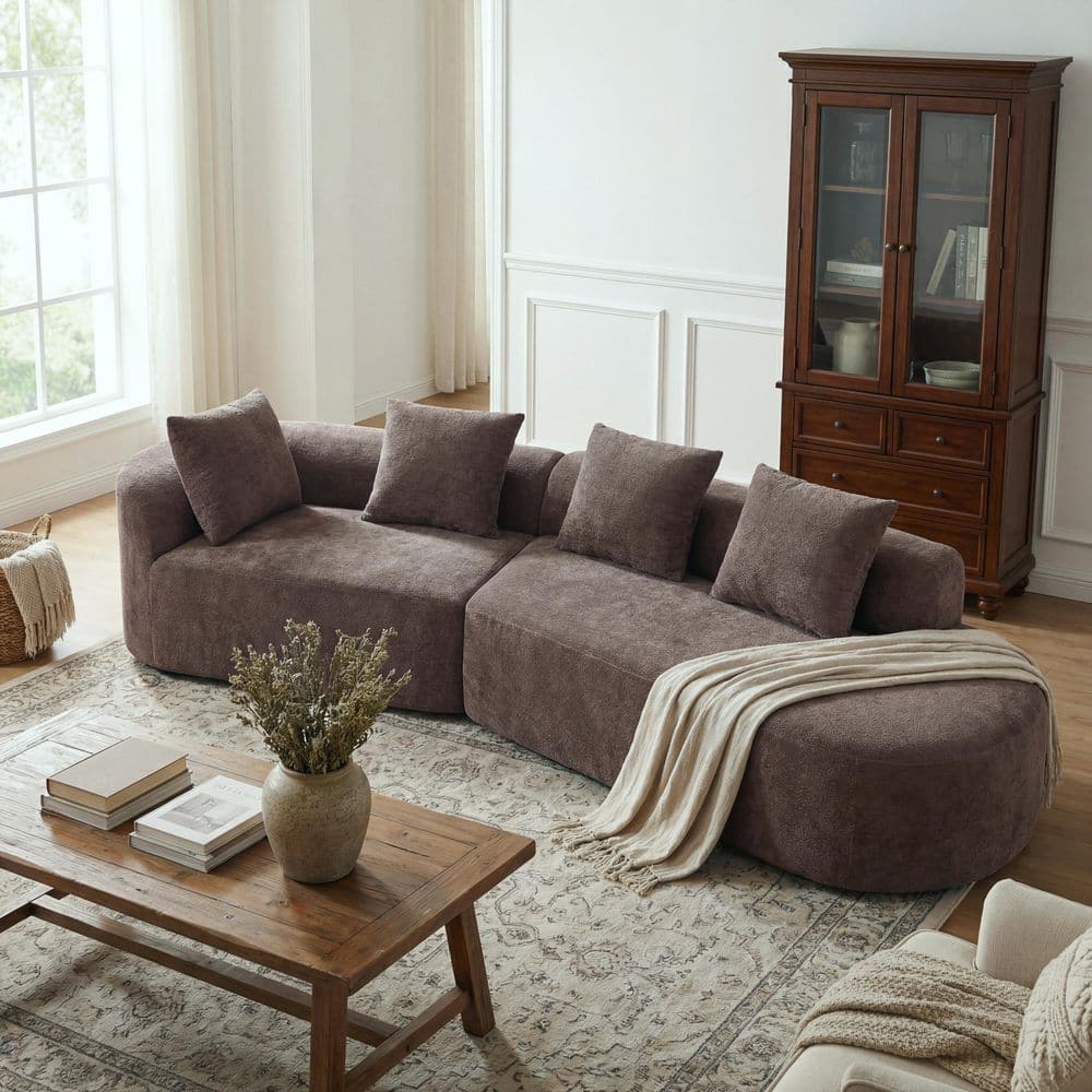 Salta Modern 116 in. 2-Piece Polyester Upholstery Curved Sectional Sofa in. Brown with Compressed Sponge, Pillows