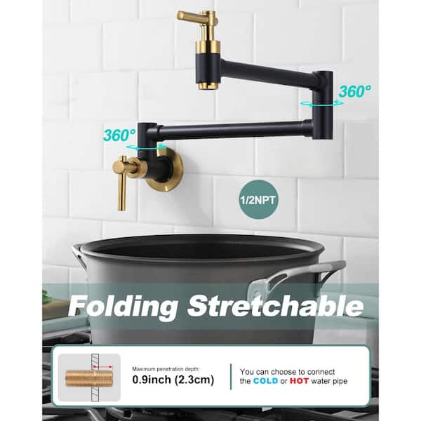 Contemporary Brass Wall Mount Pot Filler with Double Handles and Swing Arm Folding Kitchen Faucet in Black and Gold