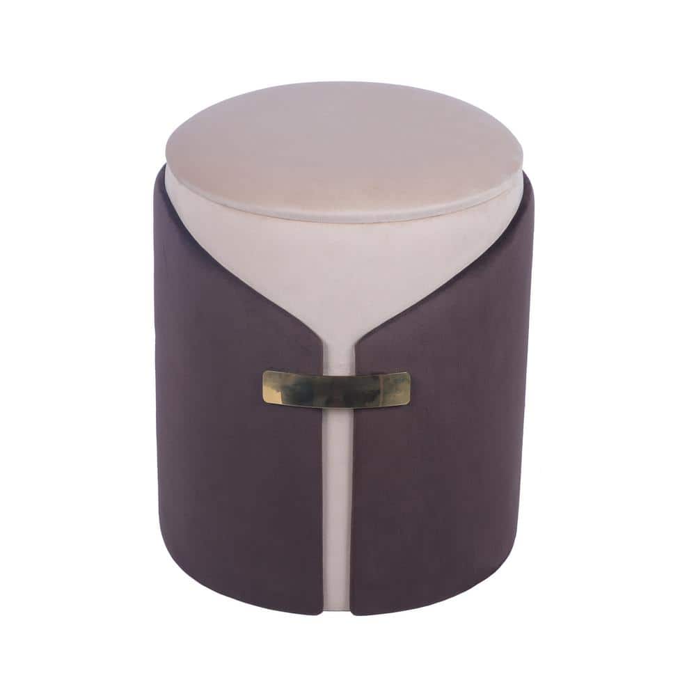 Three-quarter view of the brown and beige velvet storage ottoman.