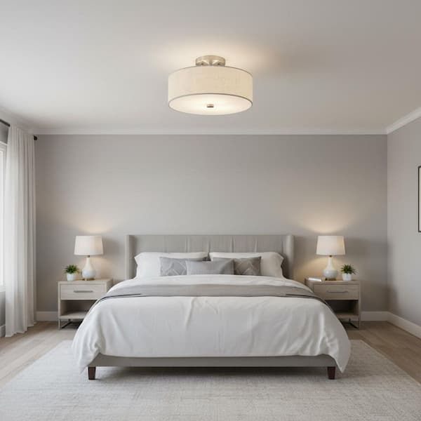 16 in. 2-Light Drum White Semi Flush Mount Ceiling Light with Fabric and Acrylic Shade for Living Room