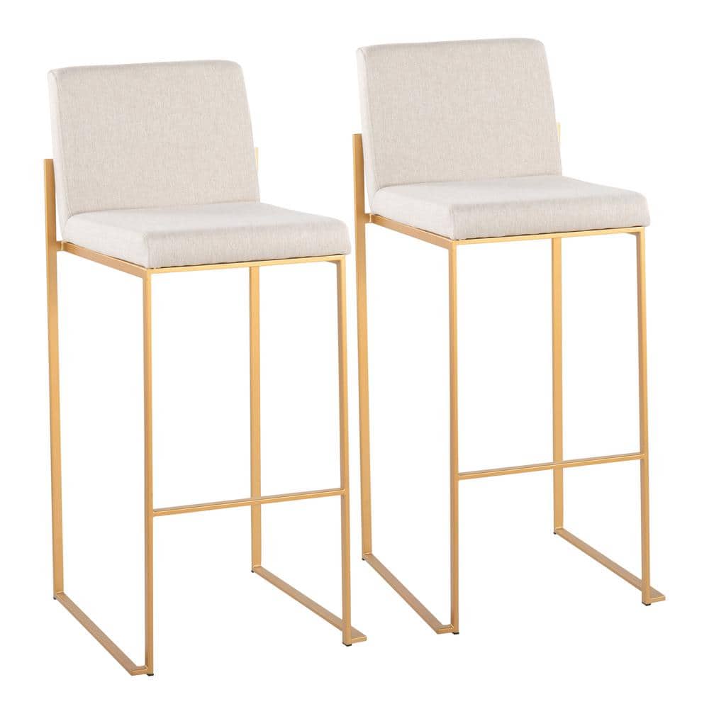 Fuji High Back Adjustable Gold Metal Barstools with Beige Upholstery