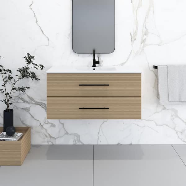 VOLPA USA AMERICAN CRAFTED VANITIES Napa 40 in. W. x 18 in. D Single Sink Bathroom Vanity Wall Mounted in Sand Pine with Ceramic Integrated Countertop