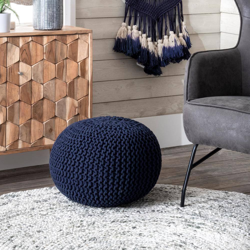 Navy Round Knit Ottoman Pouf