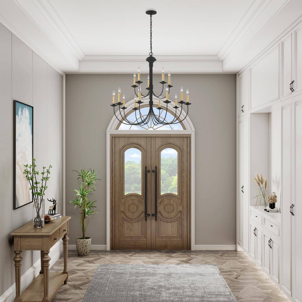 Sleek Black Steel 15-Light Candelabra Chandelier