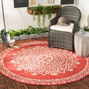 Beach House Red/Cream 4 ft. x 4 ft. Medallion Floral Indoor/Outdoor Patio  Round Area Rug
