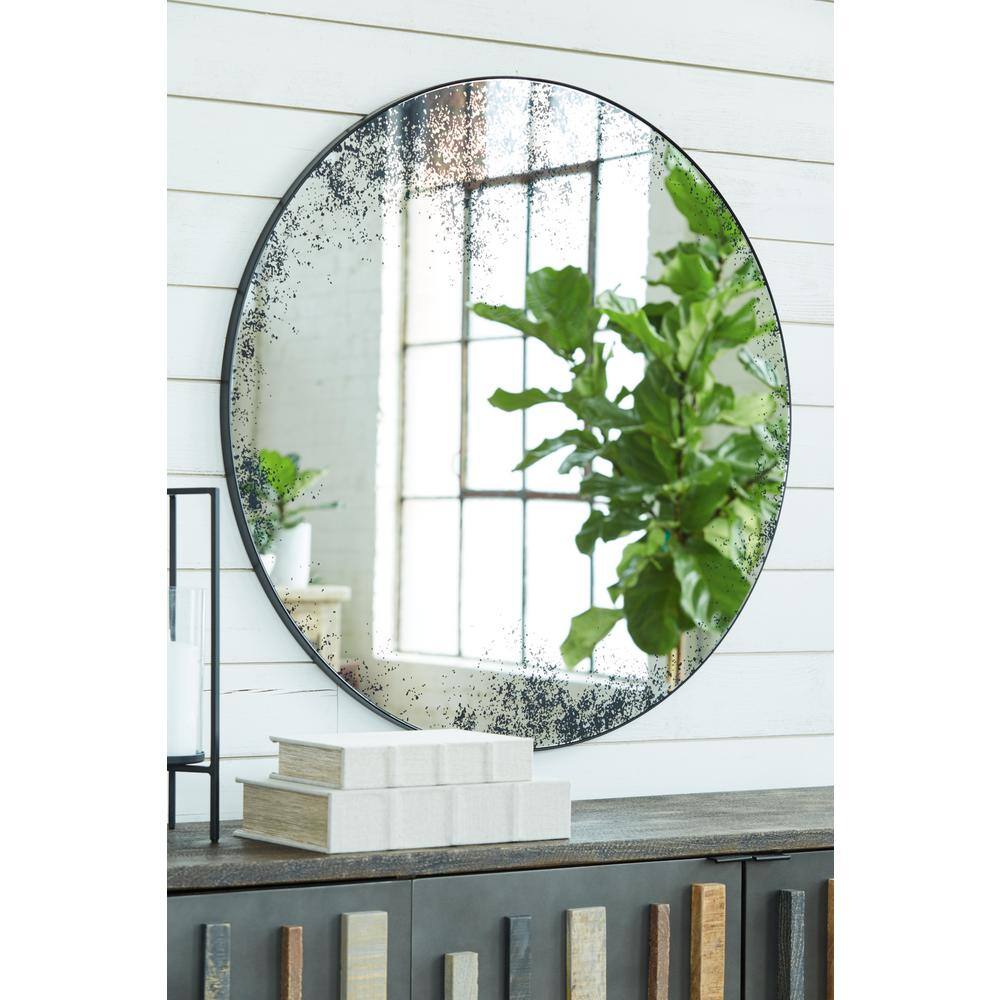 Kali Contemporary Black Round Accent Mirror with Distressed Glass
